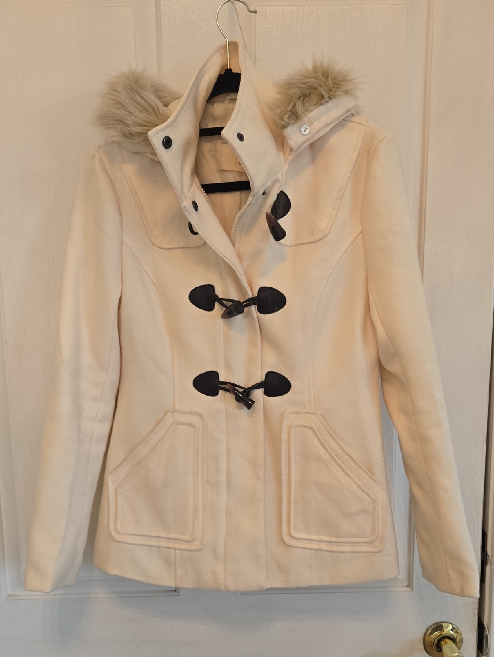 Sound & Matter Cream Toggle Pea Coat with Faux Fur Trim